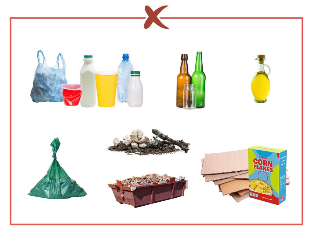 An assortment of non-recyclable items, including plastic bags, mixed plastics, glass, ceramics, a plastic-wrapped garbage bag, rubble, a dumpster of waste, cardboard, and a cereal box, displayed under a large red X.