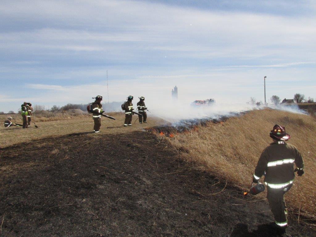Firefighters in protective gear work to control a grass fire on a dry field, with smoke rising and small flames visible. Some use hoses and tools while others observe the area under a partly cloudy sky.